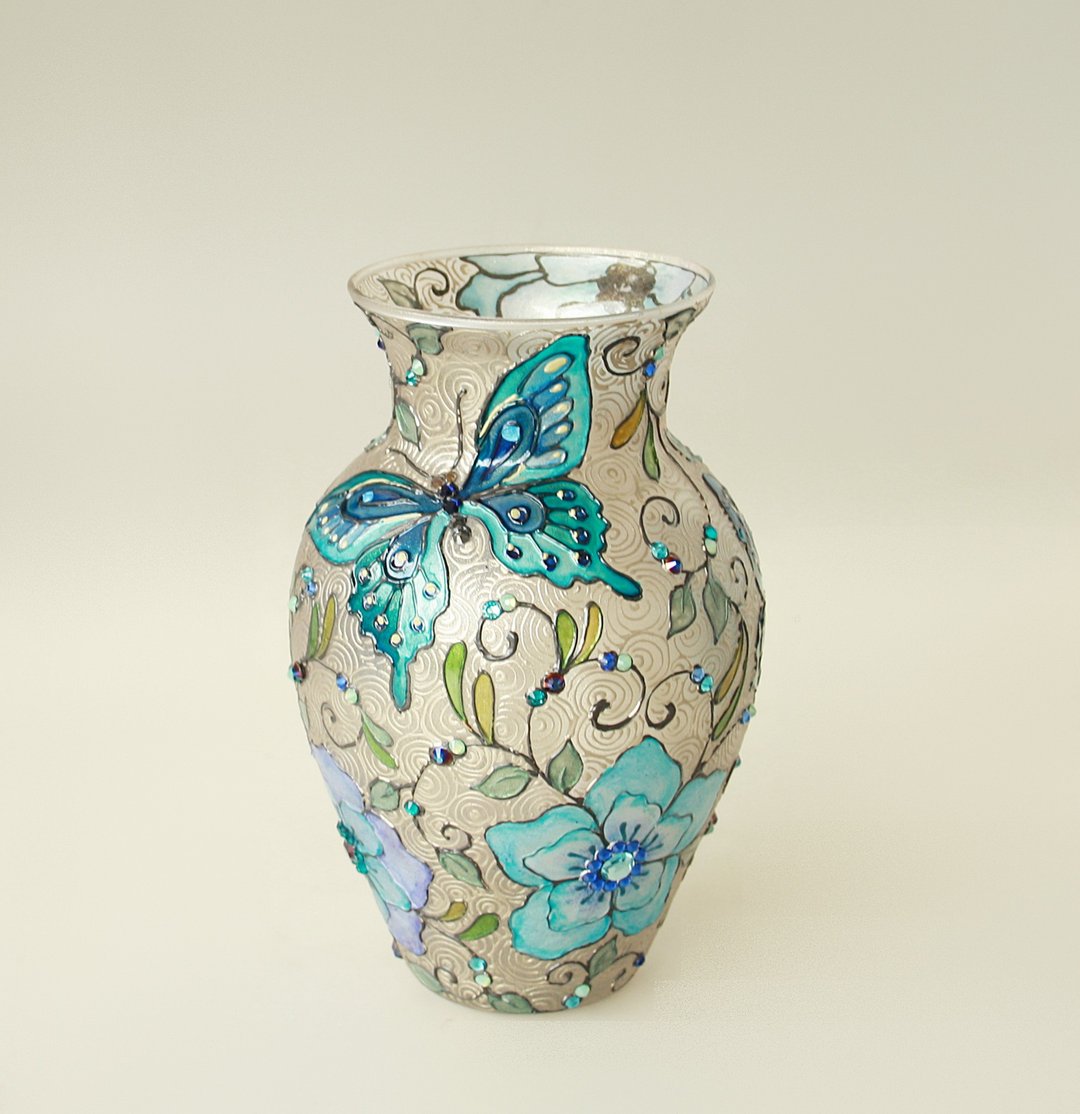 Blue Butterflies Vase Wildflowers Swarovski Crystals Hand-painted - 摆饰 - 玻璃 蓝色