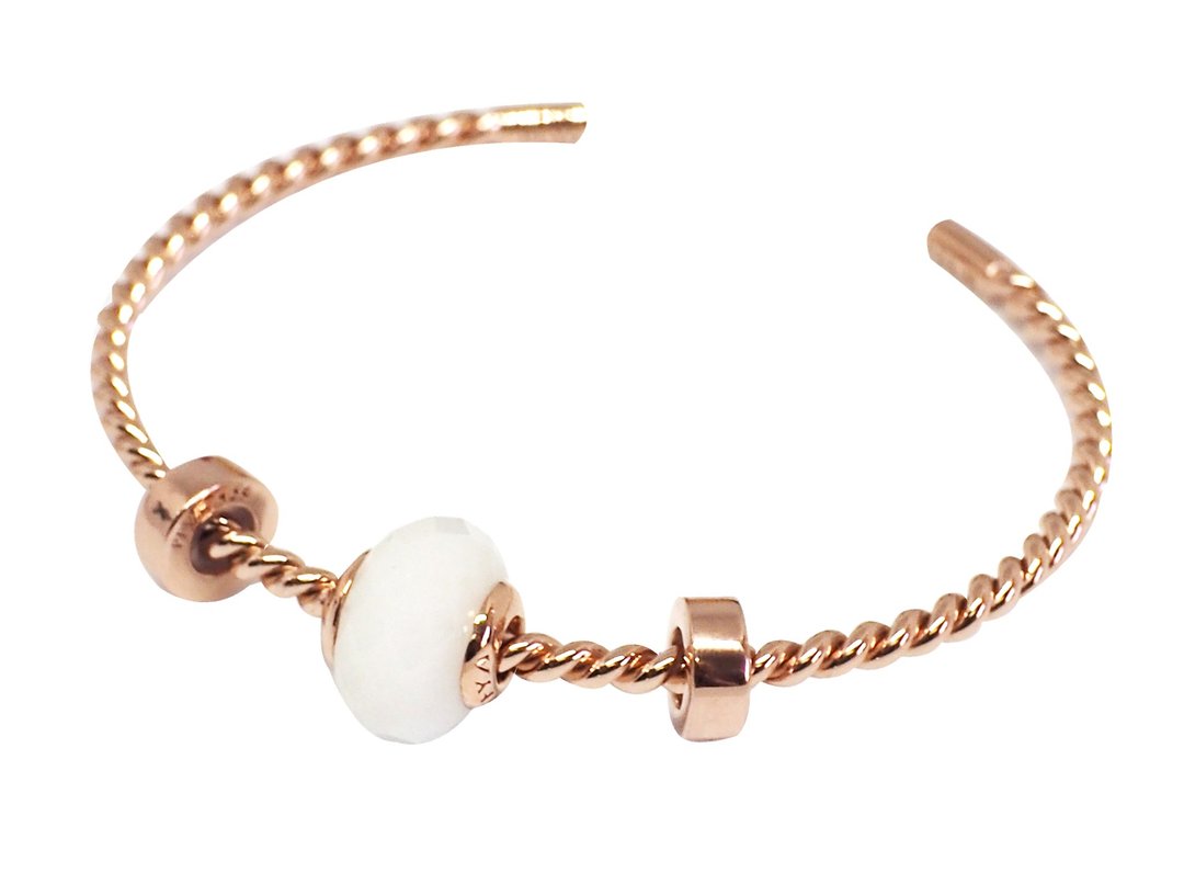 Silver Twist Bangle Set with Natural stone Charm - Pink gold plated - 手链/手环 - 纯银 粉红色