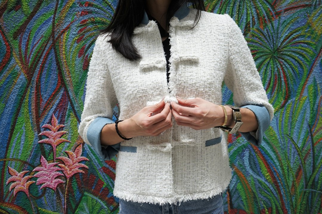 白色花呢牛仔中式唐装外套 - 旗袍 - 棉．麻 白色