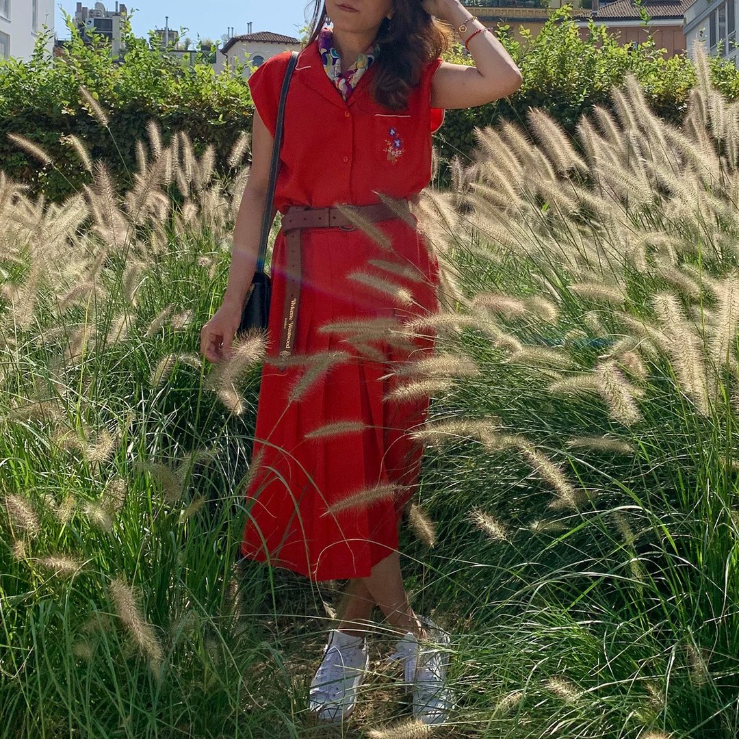 80年代 古着 意大利制 红色 长洋装 - 洋装/连衣裙 - 棉 红色