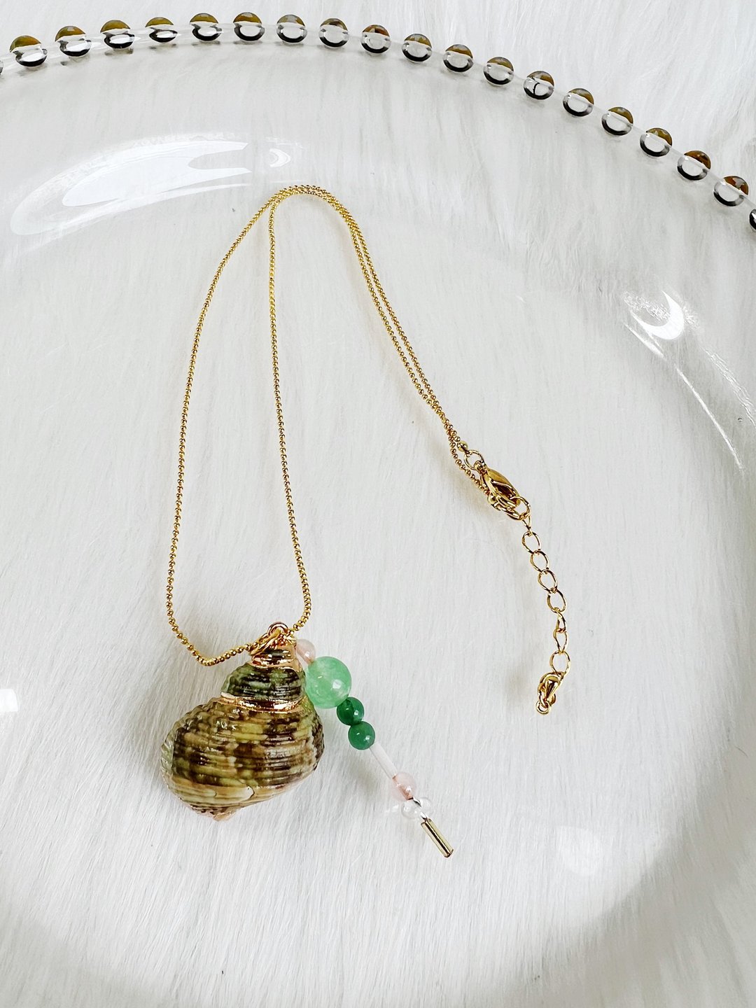 天然彩绿螺旋镀金贝壳x粉晶x东菱玉 18k 原创手作小众 串珠项链 - 项链 - 贝壳 多色