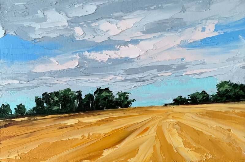 Original Yellow Field Oil Painting Trees Landscape Blue Sky Art Textured Impasto - 墙贴/壁贴 - 棉．麻 多色