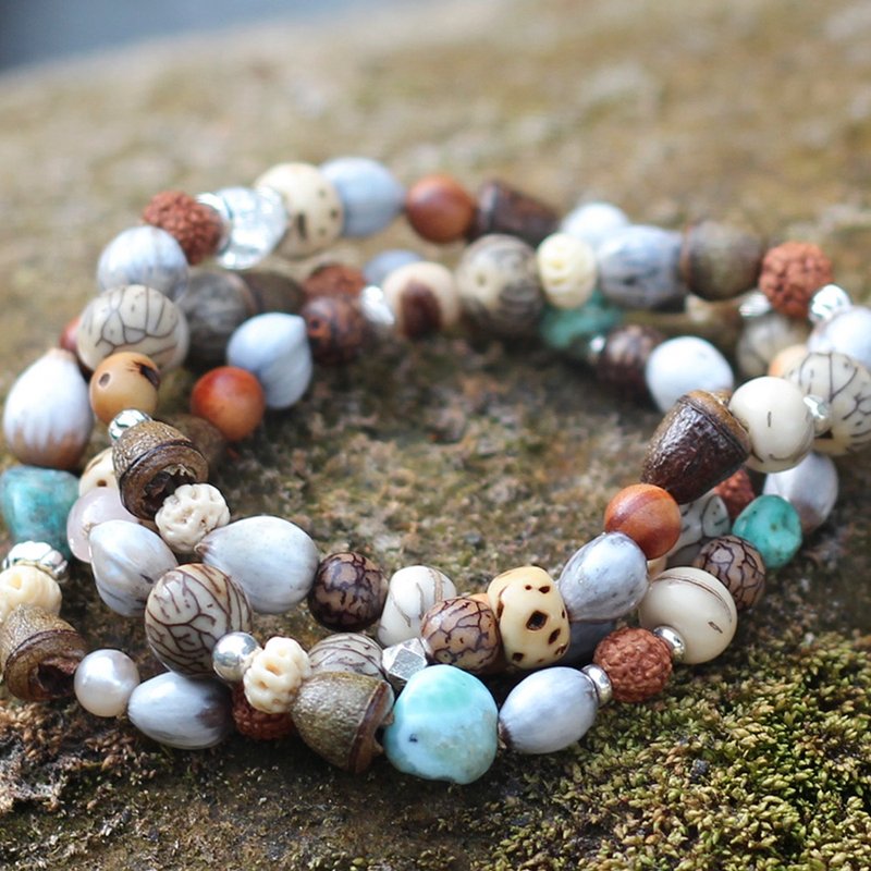 穗山石. 天然矿石菩提子纯银念珠 白玉菩提子 蓝绿松石 纯净初心 - 手链/手环 - 宝石 多色