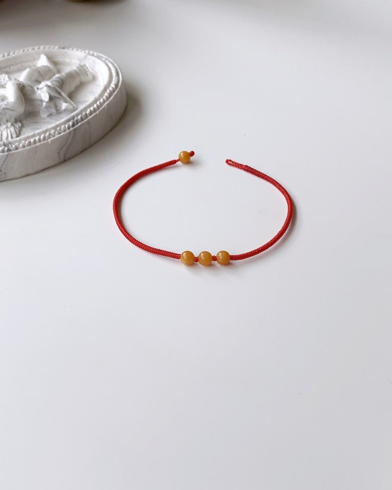 黄玉*3 极细 蜡线 手环 金刚结 / 招财进宝 贵人相助 - 手链/手环 - 其他材质 红色
