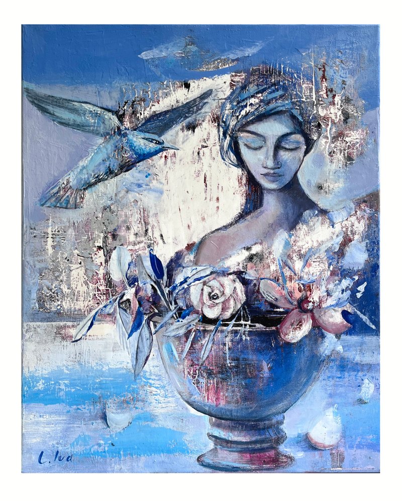 Acrylic Woman Painting – Emotional Female Portrait,Original - 插画/绘画/写字 - 棉．麻 多色