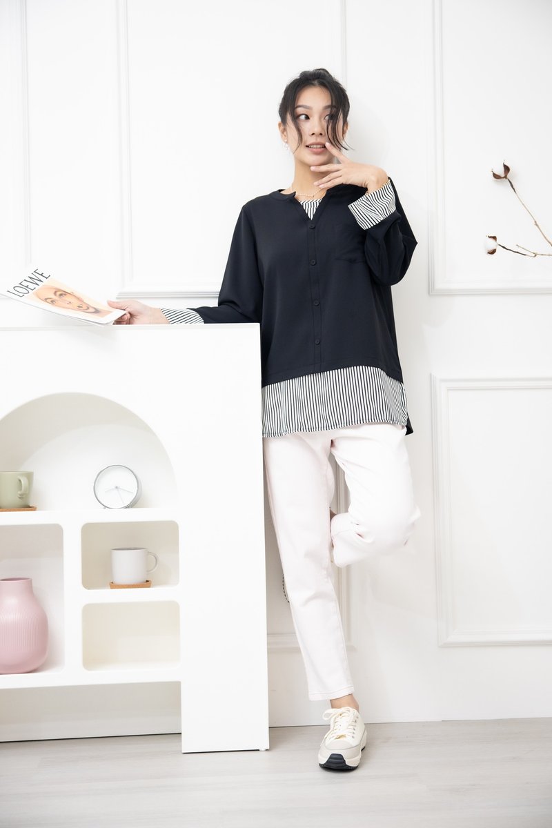衣摆白底黑条纹长袖上衣 黑色 - 女装上衣 - 其他材质 黑色