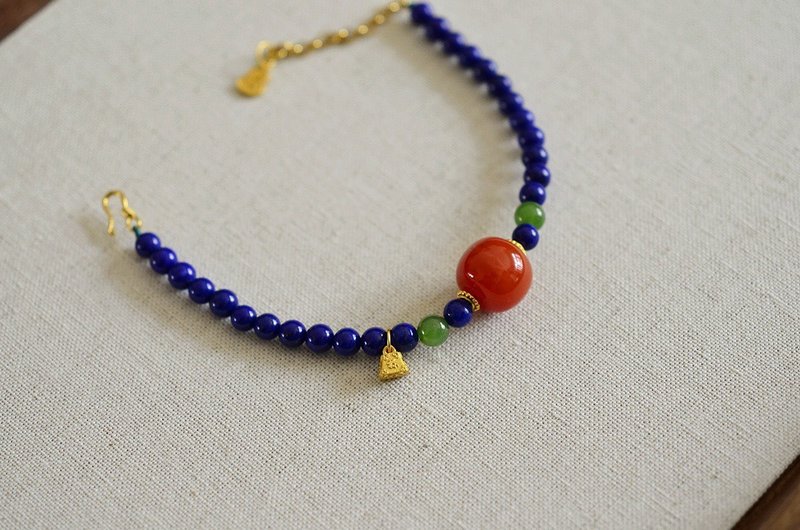 星光天空 天然原矿青金石 南红碧玉纯银小坠设计单圈手串 - 项链 - 半宝石 蓝色