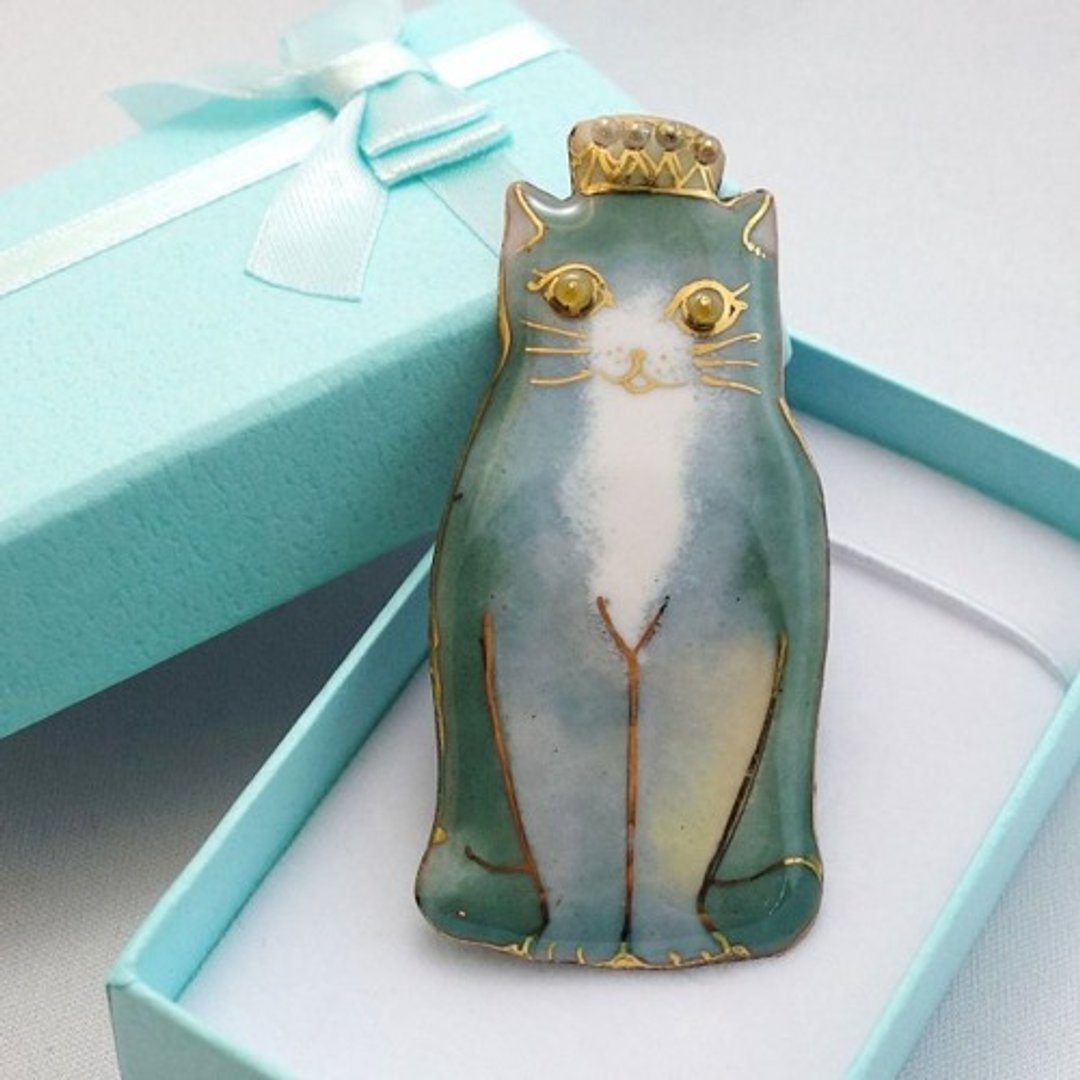 猫咪-王冠2019- 七宝烧胸针 - 胸针 - 其他金属 蓝色