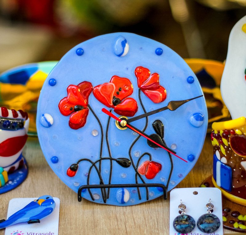 Unique wall clock with red poppies - Clock for wall - Round silent wall clock - 时钟/闹钟 - 玻璃 蓝色