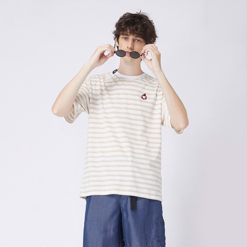 【中性款】拼接圆领上衣 / 卡其白条纹 - 男装上衣/T 恤 - 棉．麻 卡其色