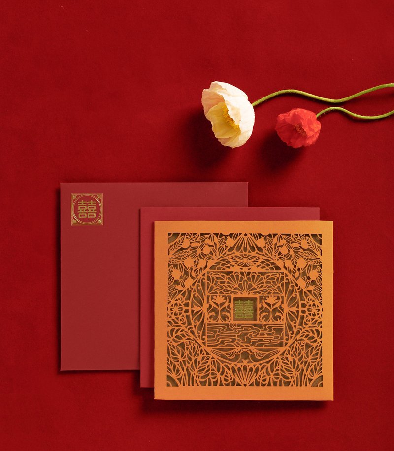 金余喜帖 中式 喜帖 花窗 雷雕 样本费 - 卡片/明信片 - 纸 红色