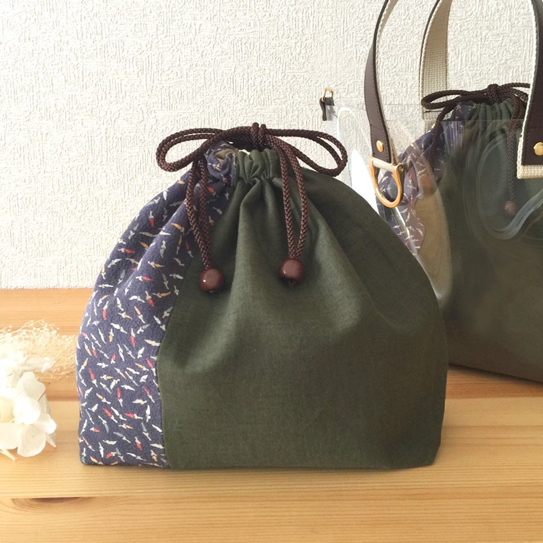 Drawstring Bag, Kimono and linen - Silk - for Clear Tote Bag - 化妆包/杂物包 - 棉 绿色