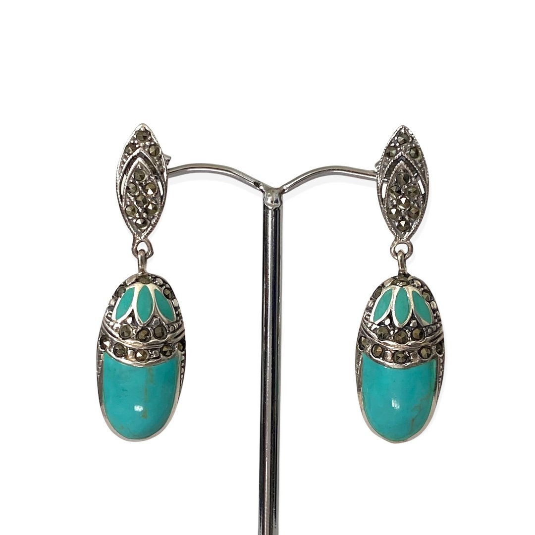 Art Deco Style Turquoise with Marcasite Drop Earrings / Set 925 Sterling Silver - 耳环/耳夹 - 纯银 绿色