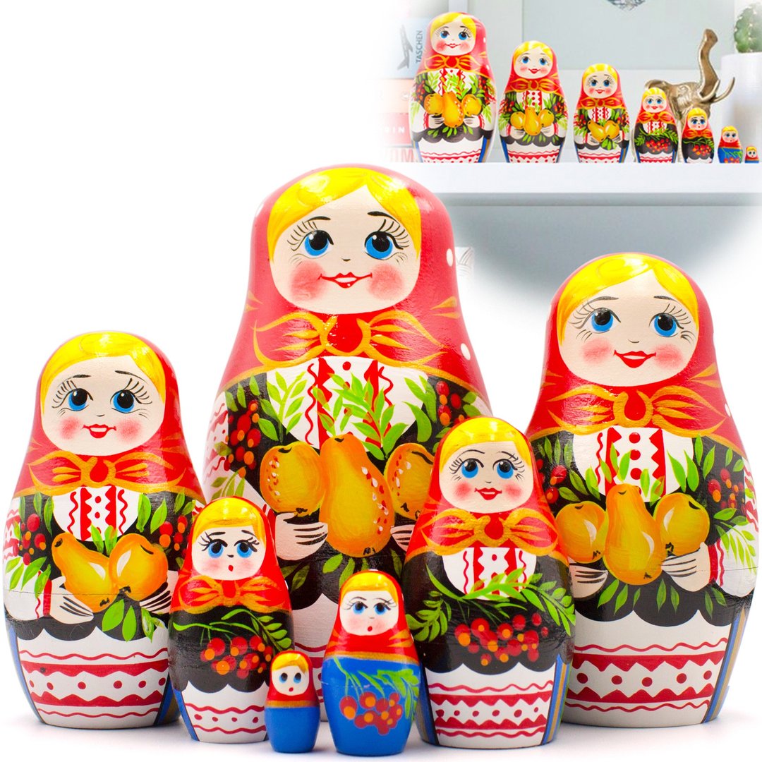 Nesting Dolls Set of 7 pcs - Russian Dolls in Sarafan Dress with Folk Ornaments - 玩具/玩偶 - 木头 多色