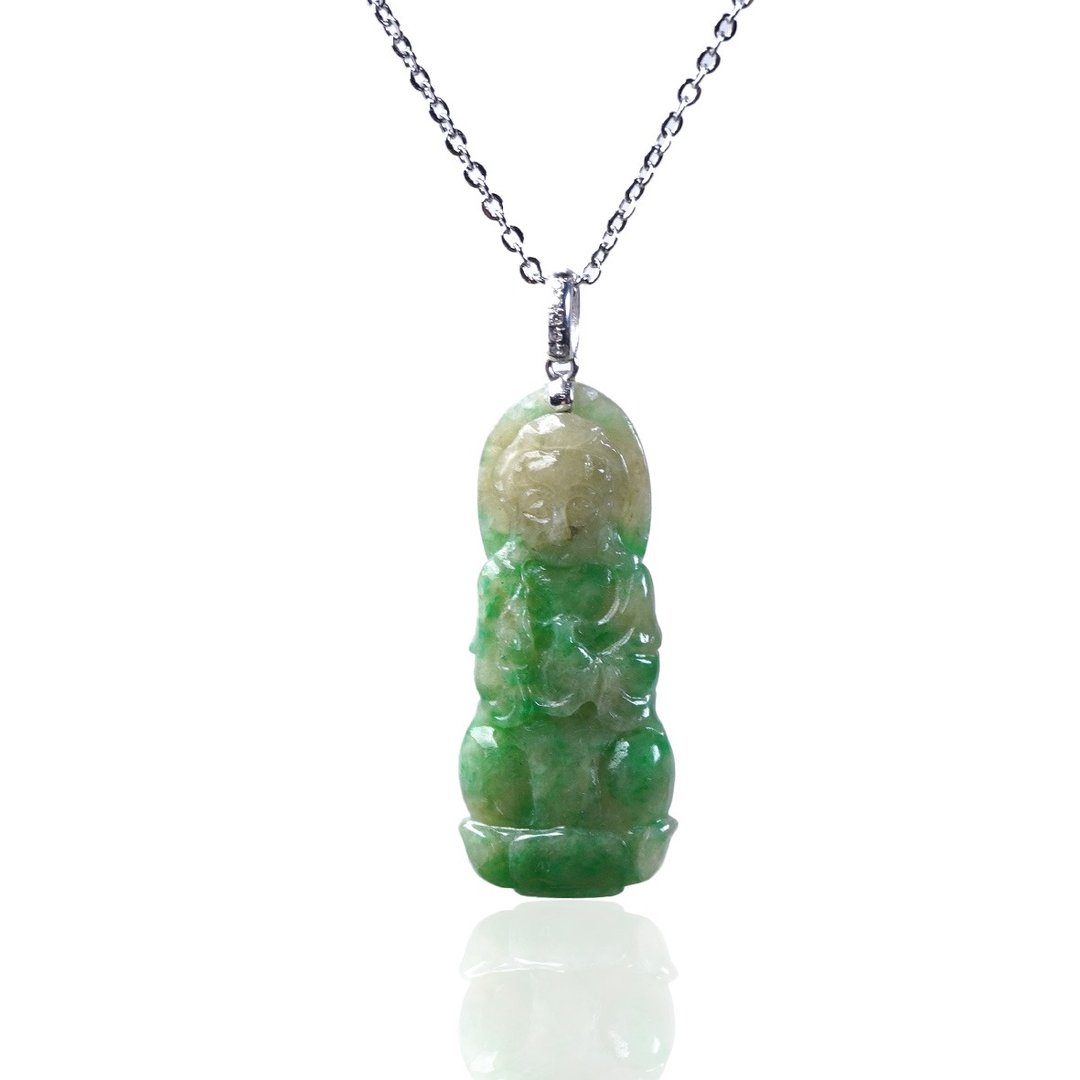飘阳绿翡翠观音菩萨项链 18K金坠头 | 天然缅甸玉翡翠A货 | 送礼 - 项链 - 玉石 绿色