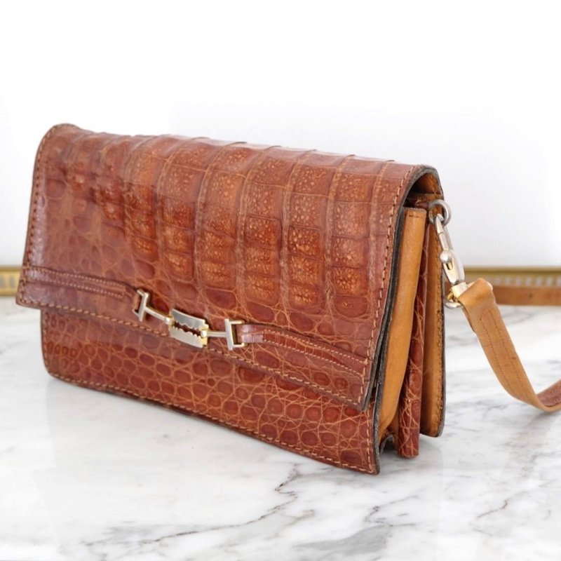 法国复古浅啡色鳄鱼皮袋 - 手提包/手提袋 - 真皮 咖啡色