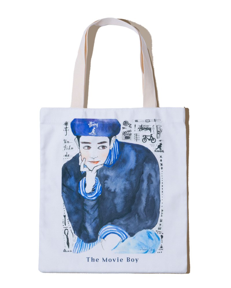 Movie Boy 插画托特包 - 手提包/手提袋 - 棉．麻 蓝色
