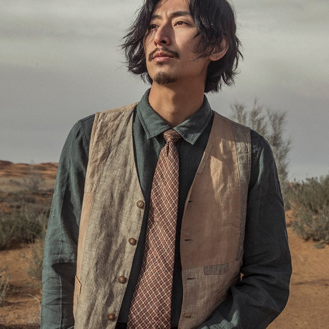 原创设计复古亚麻西装马甲男 条纹补丁坎肩背心休闲小马夹 - 男装背心 - 其他材质 