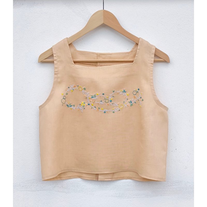刺绣 | 亚麻 | 方领无袖上衣 棕色 - 女装上衣 - 棉．麻 咖啡色