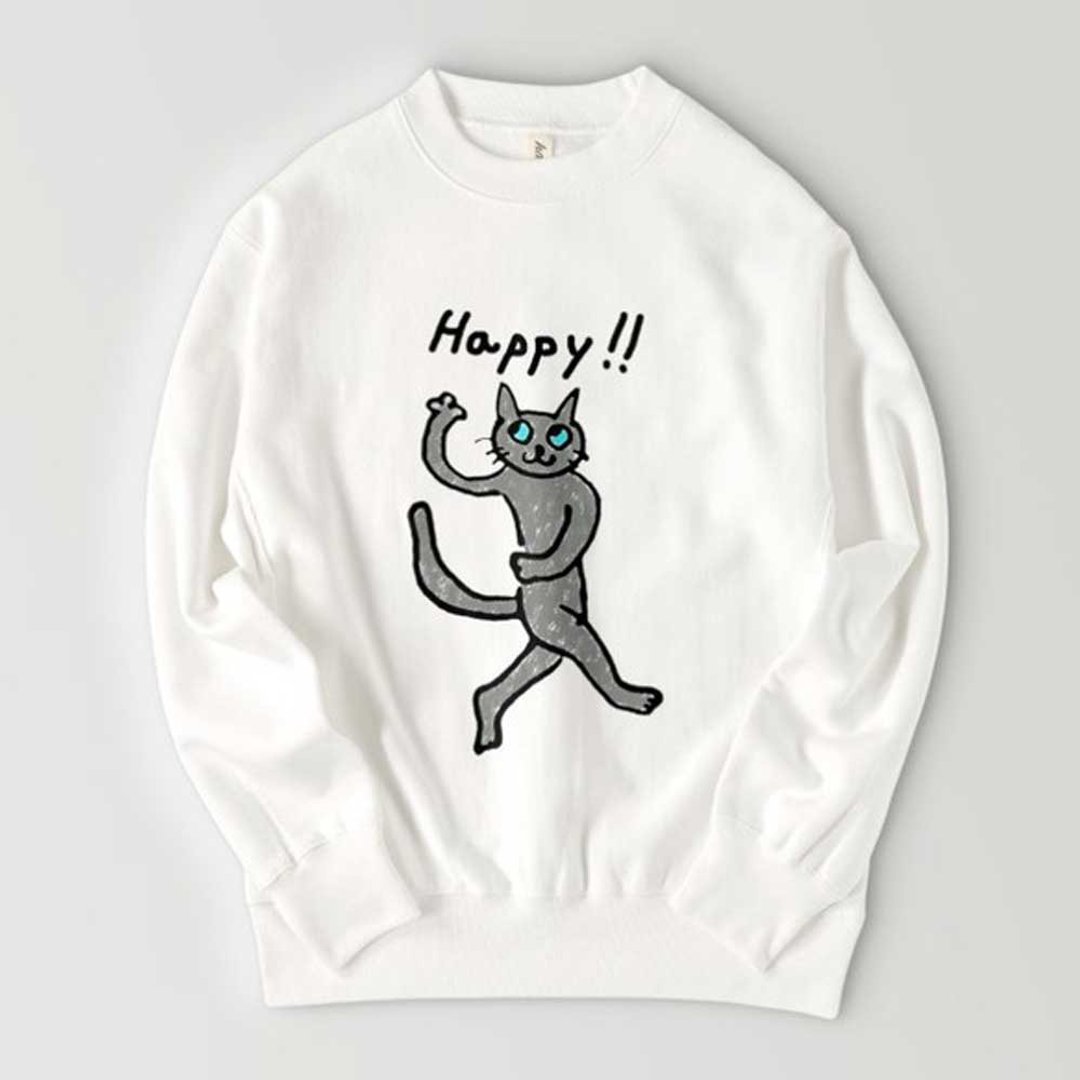 Happy Cat Cat Gray Cat Russian Blue Loosen Unisex Brushed Back Sweatshirt Illustration - 女装上衣 - 棉．麻 白色