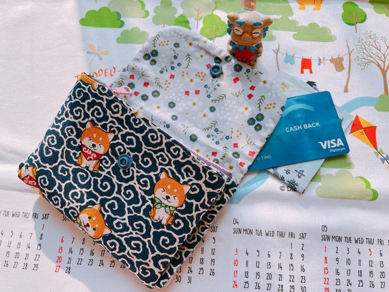 三层拉链款零钱包-短夹款-藏蓝柴犬 - 皮夹/钱包 - 棉．麻 蓝色