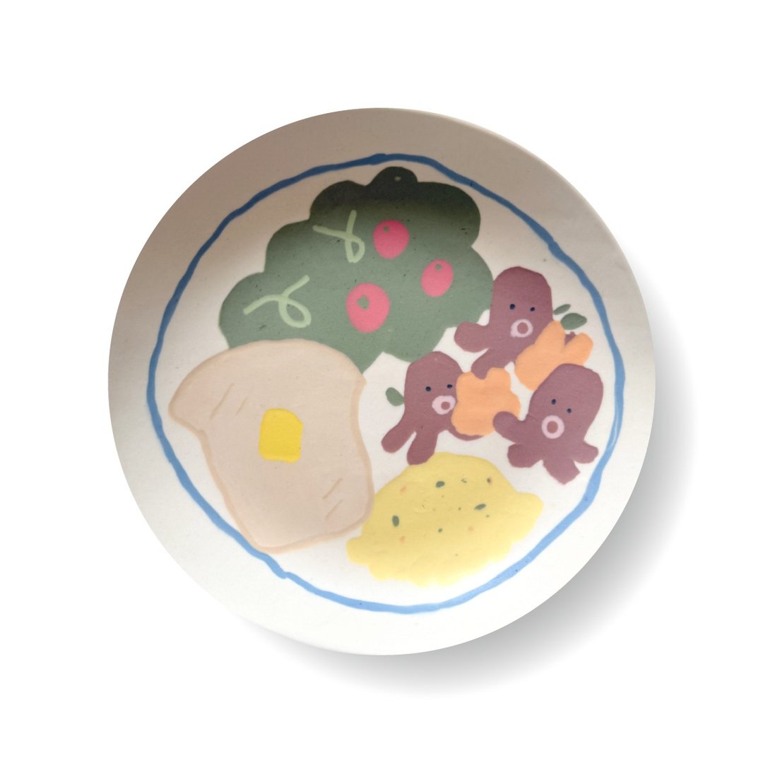 手绘章鱼香肠多士陶瓷圆碟 - 日式早午餐盘 点心盘 蛋糕碟 伴食疗 - 盘子/餐盘/盘架 - 瓷 