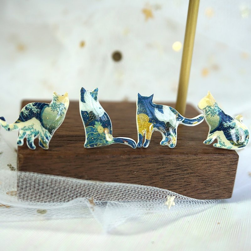 浮世繪與貓 Ukiyoe&Cat 神奈川衝浪裡與鶴紋貓咪耳釘 可改耳夾 - 耳环/耳夹 - 其他材质 