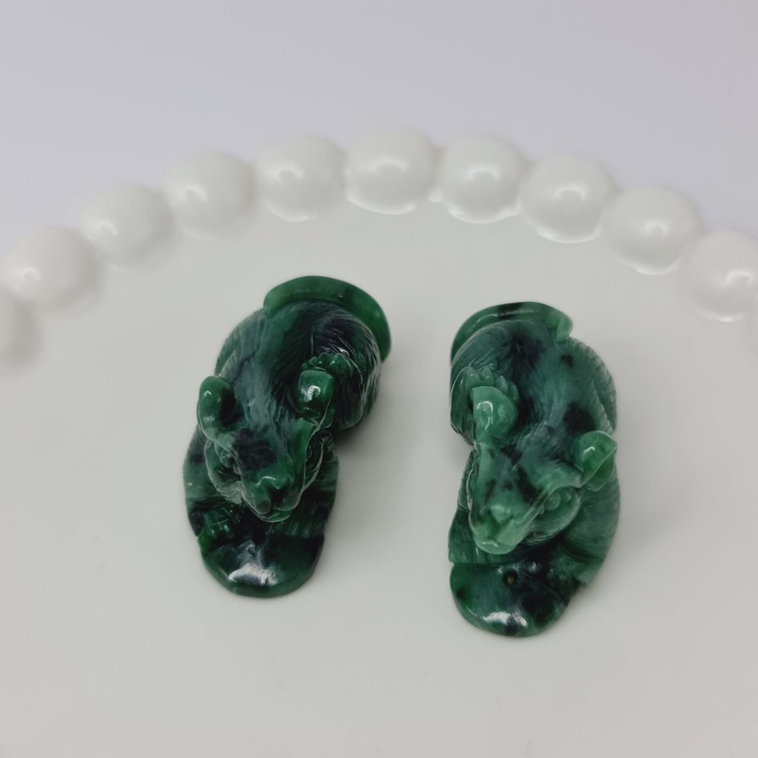 特色满绿飘花一对钱鼠 | 天然缅甸玉A货翡翠 - 项链 - 玉石 