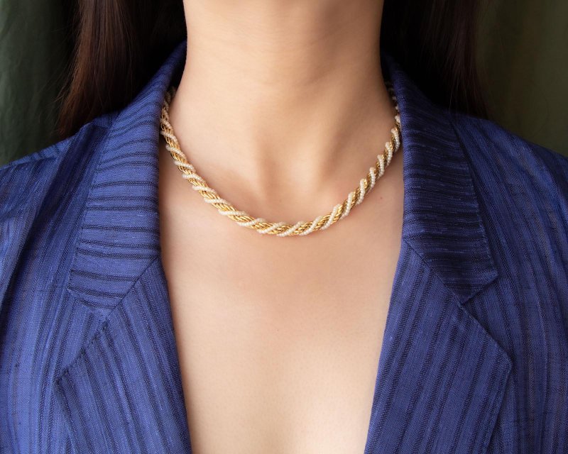 美国Trifari品牌古董 珠链麻花锁骨链 短项链 - 锁骨链 - 其他金属 金色