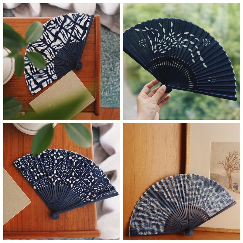 多花色紮染 植物拔染 indigo藍靛染手工制 隨身清涼 複古折疊扇 - 扇子 - 棉．麻 蓝色