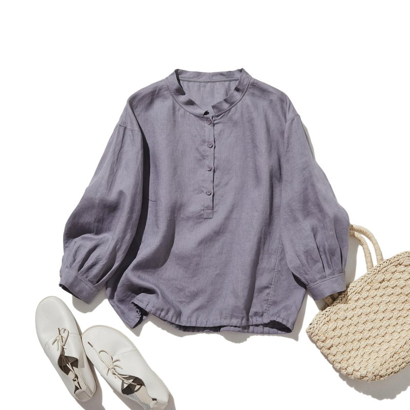 适合各种场合，成为百变造型主角的亚麻长袖衬衫 浓藤紫色 250921-2 - 女装衬衫 - 棉．麻 紫色