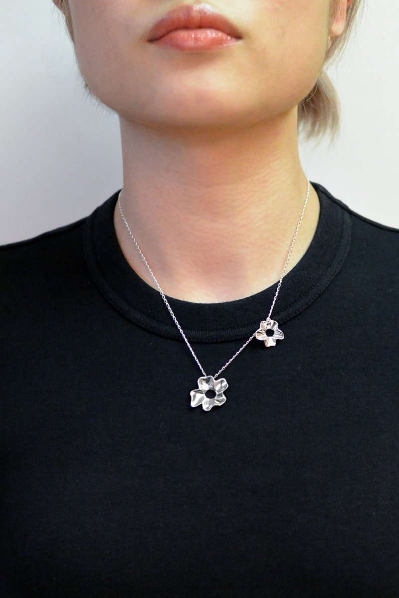 双花项链 小花与迷你花 - 项链 - 纯银 银色