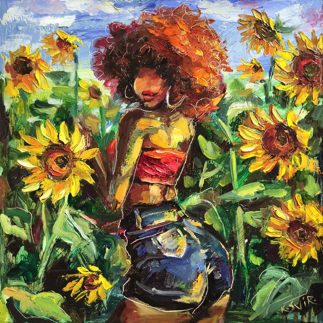 African American Painting Woman Original Art Sunflowers Wall Art Black Girl Art - 海报/装饰画/版画 - 其他材质 多色