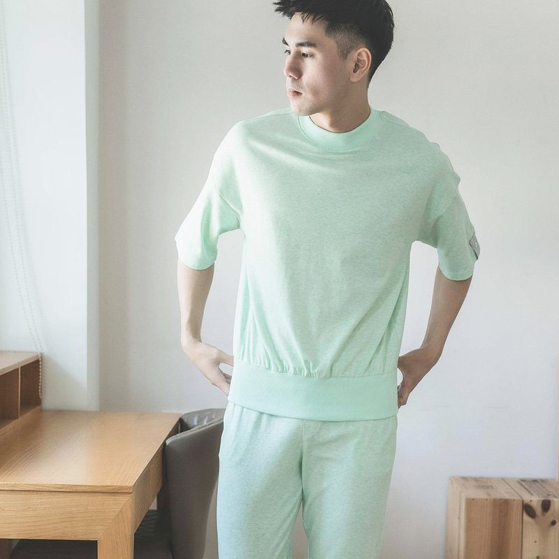 UMORFIL胶原蛋白素面五分袖男家居服/睡衣/居家服-浅绿 - 居家服/睡衣 - 棉．麻 绿色