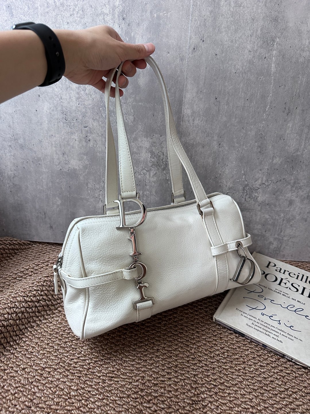 中古包 DIOR 迪奥 立体吊饰 Logo Leather Hobo Bag 白色皮革腋下 - 手提包/手提袋 - 真皮 白色