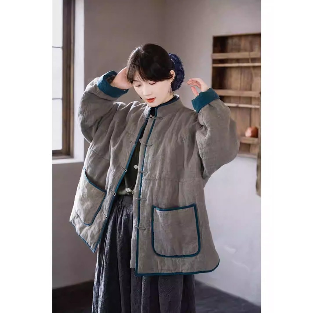 灰蓝中式纯亚麻立领保暖夹棉外套棉服 - 女装休闲/机能外套 - 棉 