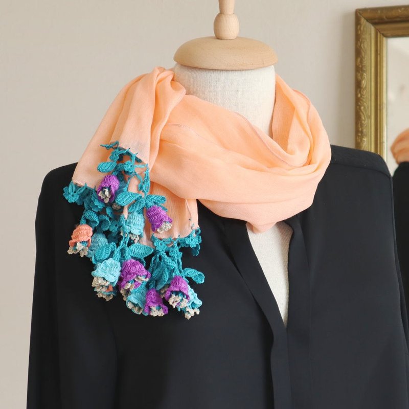 立体花饰 棉质披肩【双生花】夕阳橙 - 丝巾 - 棉．麻 橘色