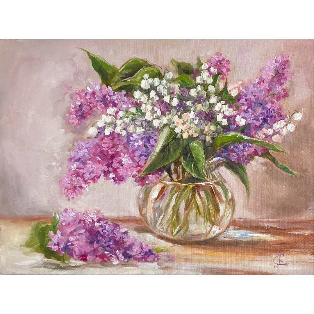 Lilac flowers painting\oil original painting\wall art\Bouquet painting - 墙贴/壁贴 - 其他材质 