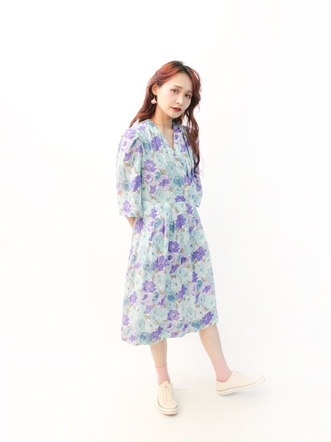 复古日本制甜美浪漫水蓝色花朵纯棉短袖古着洋装 Vintage Dress - 洋装/连衣裙 - 棉．麻 蓝色
