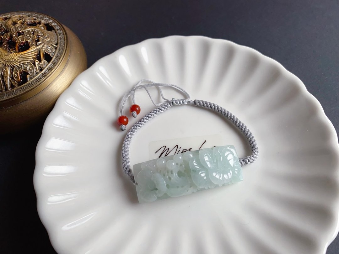 天然缅甸玉翡翠 绿飘花 富贵花开 手牌 手绳 手链 生日 礼物 设计 - 手链/手环 - 玉石 绿色