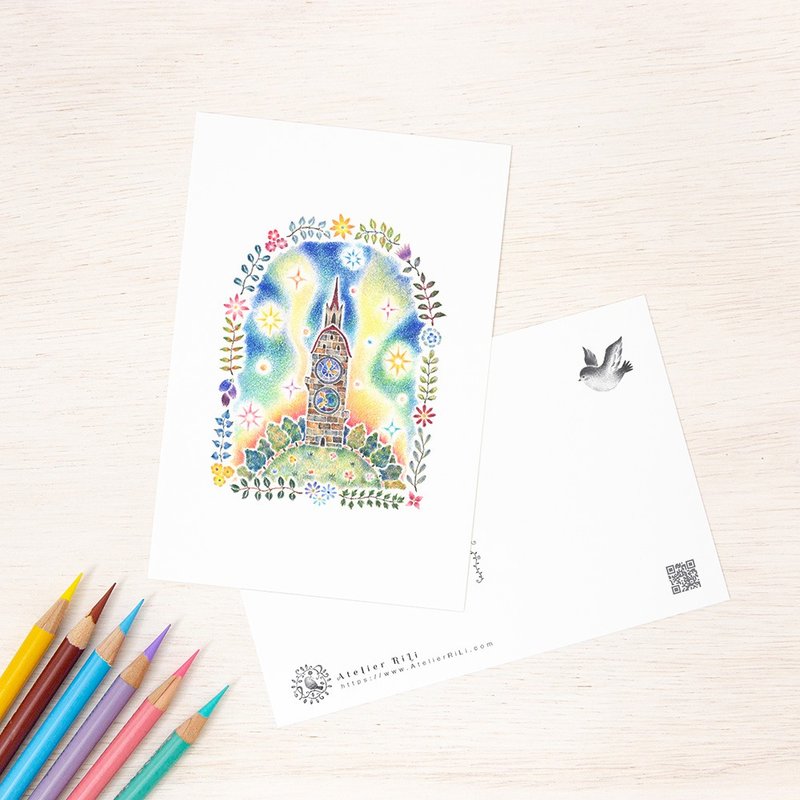 5枚セット。絵本のような。ポストカード "星の時計塔" PC-307 - 卡片/明信片 - 纸 蓝色