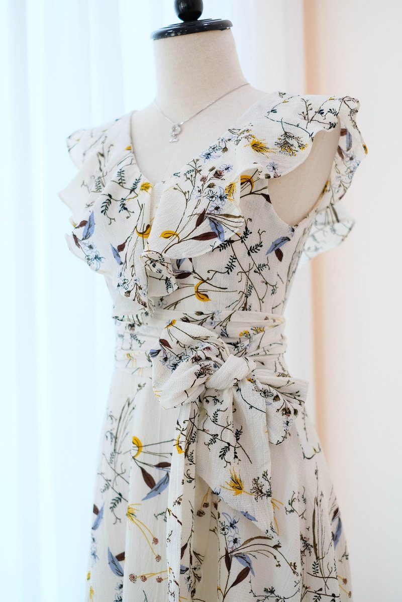 White floral dress Maxi ruffle floor length bridesmaid party Cocktail sundress - 晚装/礼服 - 聚酯纤维 白色