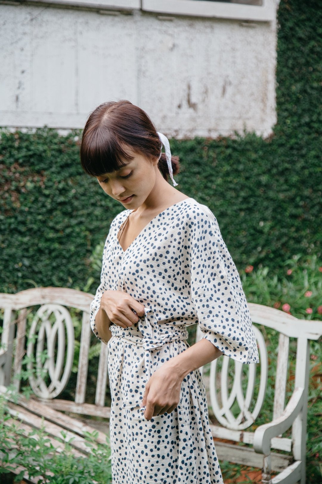 Mulmul dot v-neck dress - 洋装/连衣裙 - 棉 蓝色