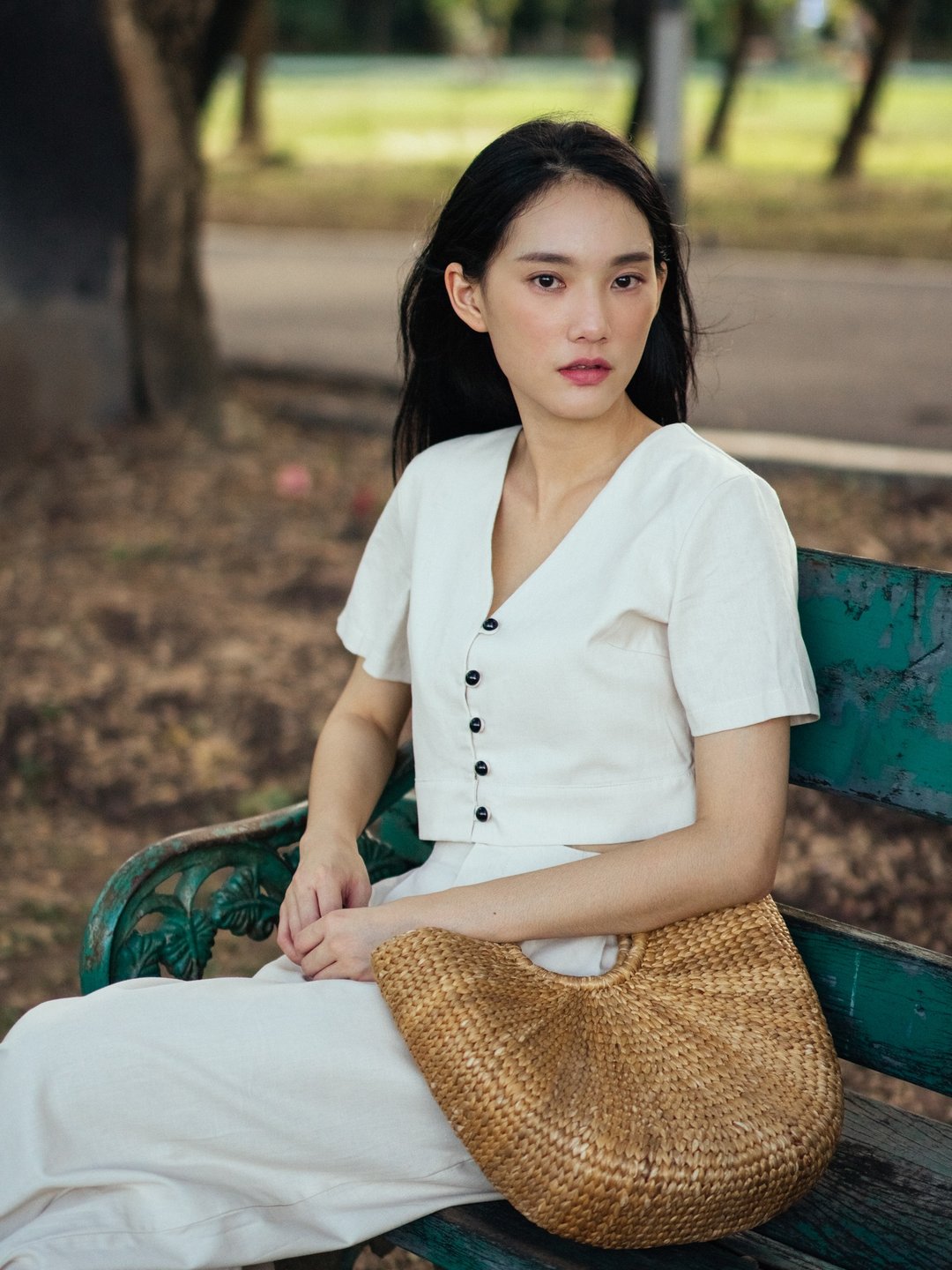 (SIZE S) IVORY COTTON LINEN BUTTON FRONT CROP TOP - 女装上衣 - 棉 白色