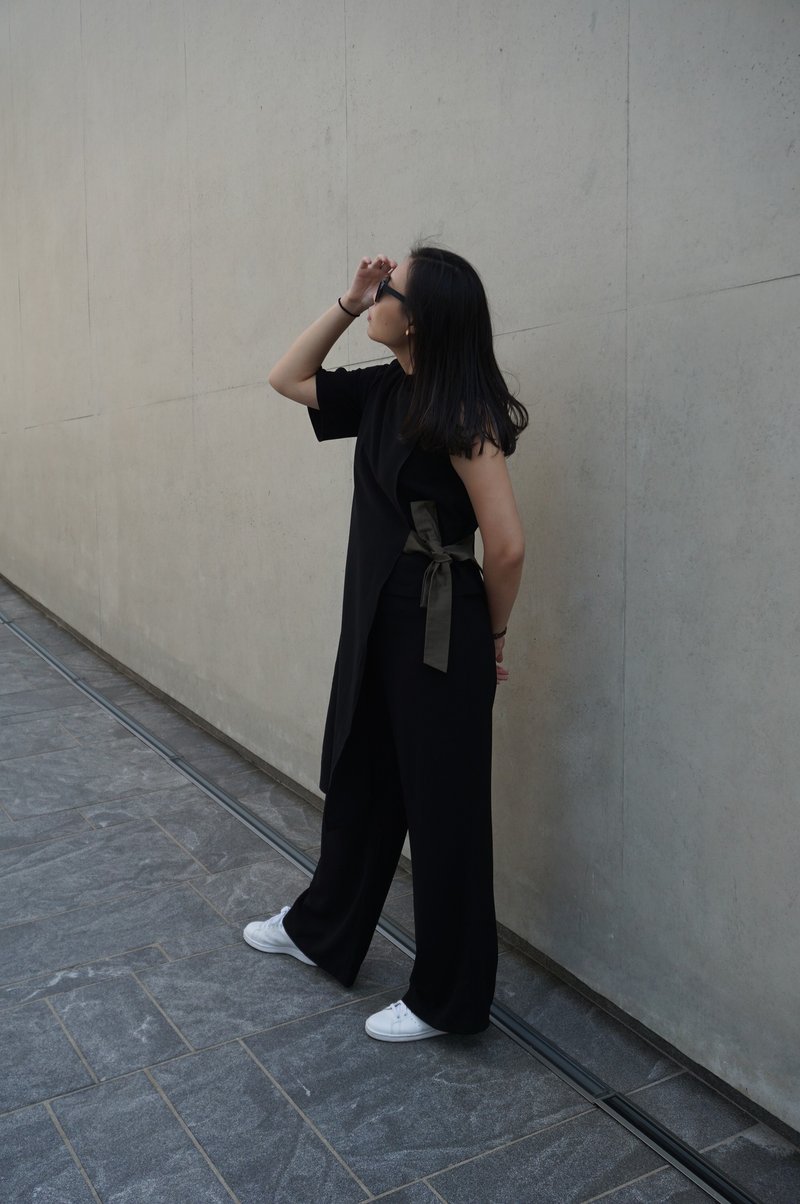 Black Asymmetrical Belted Top - 女装上衣 - 其他材质 黑色