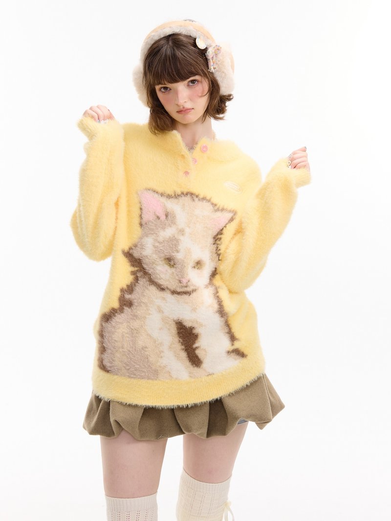 ziziFei秋冬季新款美式复古设计感黄色猫咪印花软糯慵懒风毛衣女 - 女装针织衫/毛衣 - 其他材质 黄色