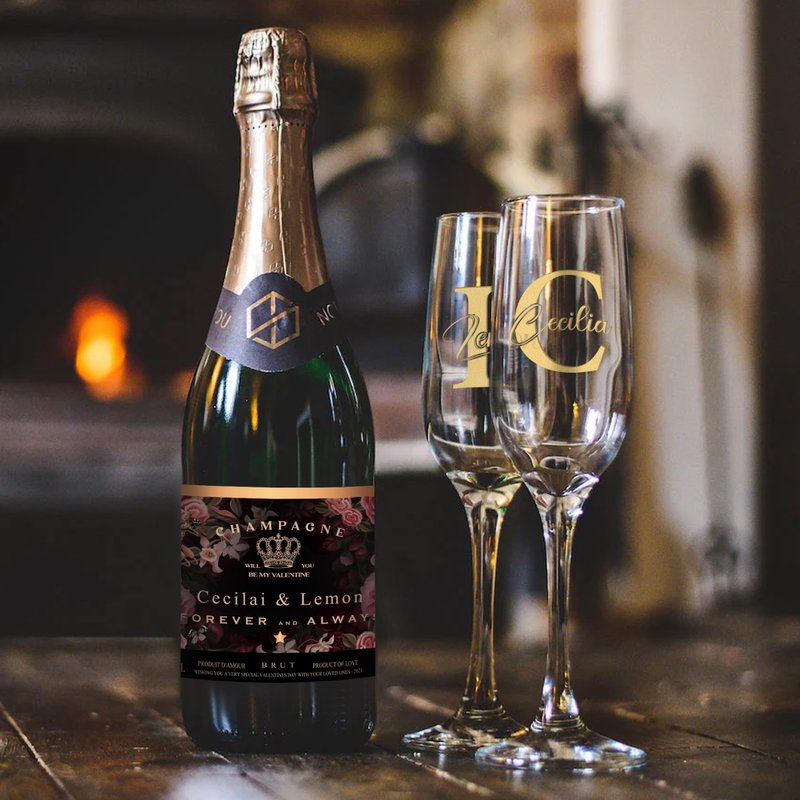 定制酒标贴纸 无酒精香槟单支双杯 |情侣礼物 结婚周年纪念日礼物 - 果汁/蔬果汁 - 玻璃 