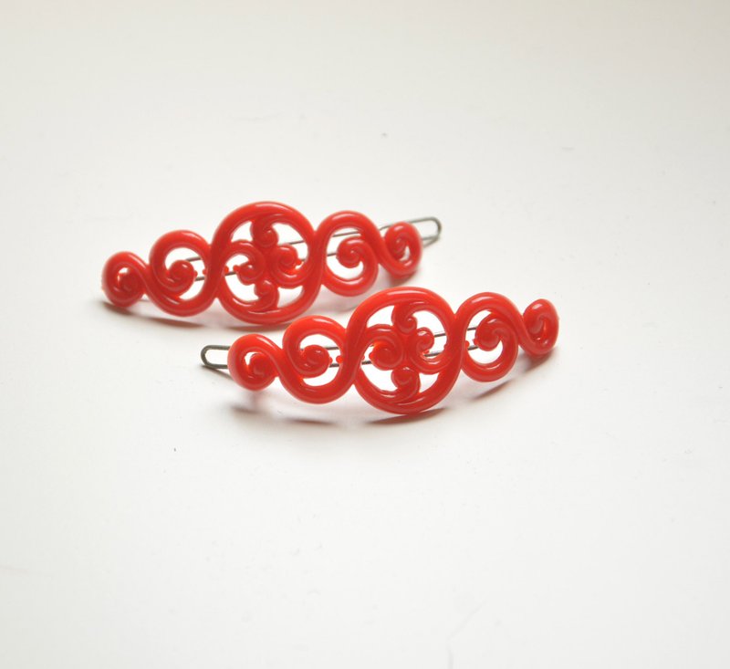 早期古着 古董发饰发夹一对-红 - 发饰 - 塑料 红色