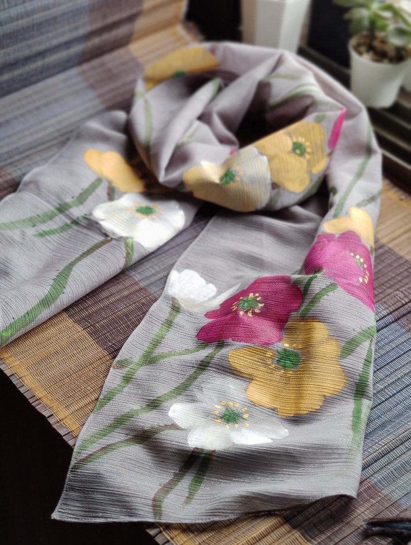 手绘雪纺轻清小围巾~虞美人*银灰 - 丝巾 - 其他材质 