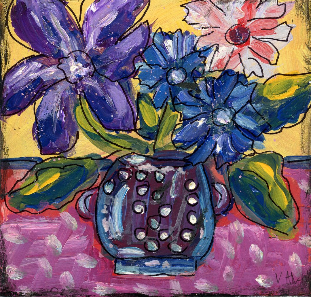 Still Life Flowers Wall Art Naive Art Brut Small Artwork - 墙贴/壁贴 - 压克力 多色
